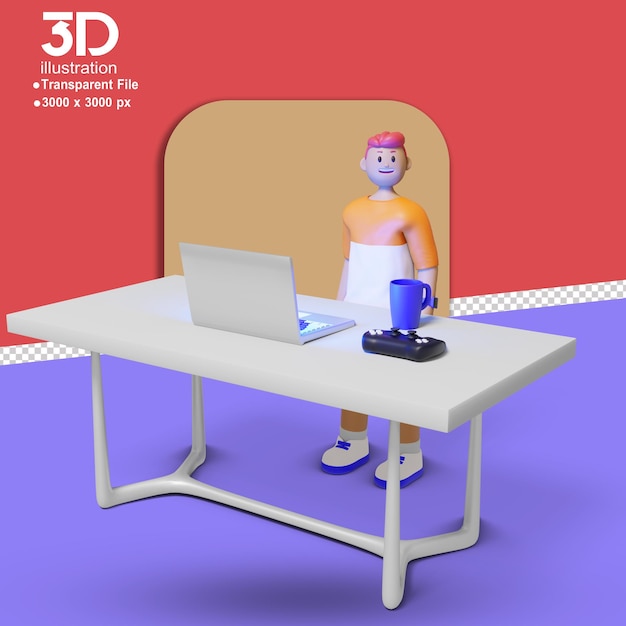 PSD 3d веб-иллюстрация молодежный персонаж поза со столом на изолированном фоне