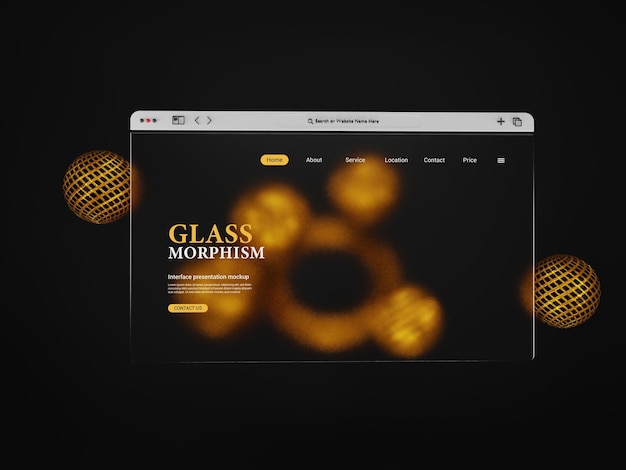 PSD ぼやけたガラスまたはすりガラスのモーフィズム効果を備えた 3 d web インターフェイス プレゼンテーション モックアップ