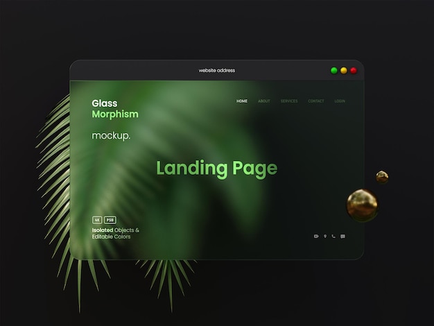PSD mockup di presentazione dell'interfaccia web 3d con effetti di morfismo di vetro e foglie di palma