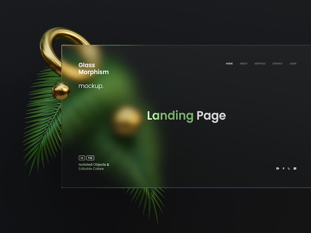 PSD ガラスモーフィズムを使用した 3d web インターフェイス プレゼンテーションのモックアップ