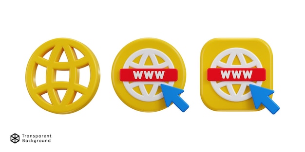 3D webbrowser icoon met cursor icoon 3D render illustratie voor klikken op world wide web browser icoon