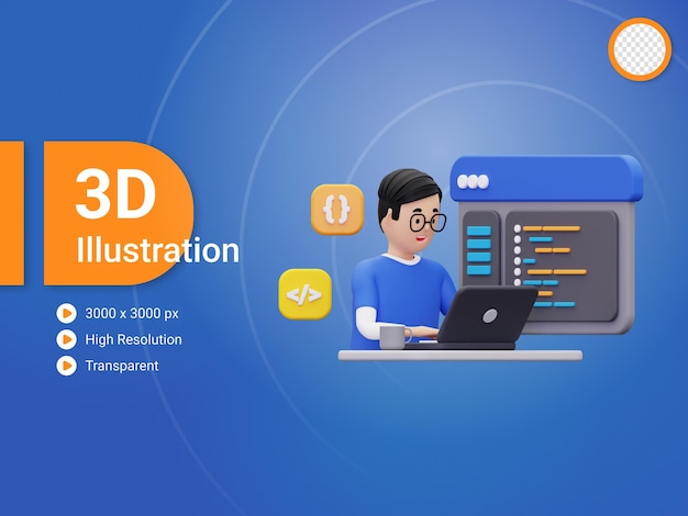 3d Website developer working on laptop illustration