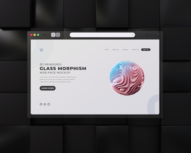 Презентация интерфейса веб-сайта glassmorphism mockup с размытым эффектом морфизма замороженного стекла