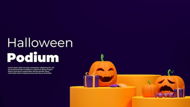 3d-weergave afbeeldingsmodel van geel podium in landschap met jack o lantern en geschenkdoos