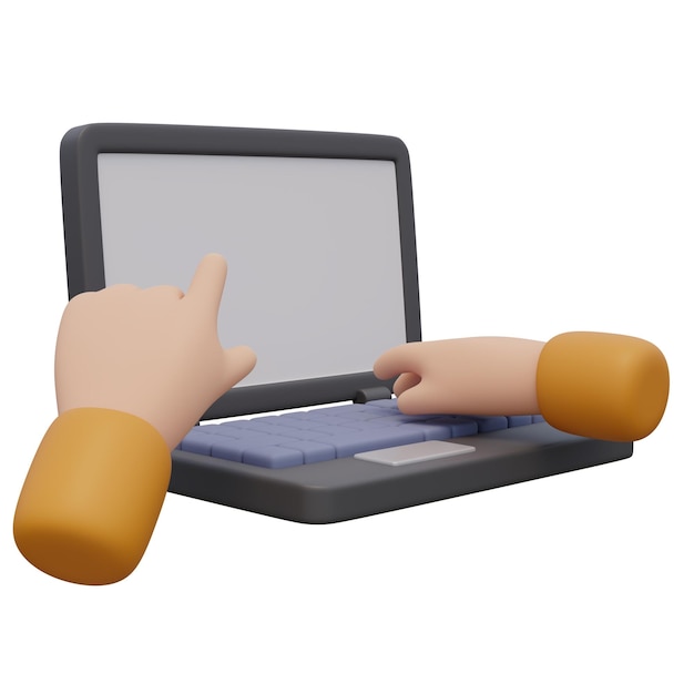 PSD 3d-weergave illustratie van menselijke hand die op het toetsenbord typt en een vinger naar het scherm van de laptop wijst