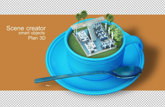 3D-weergave van architectonische plannen in koffiekopjes