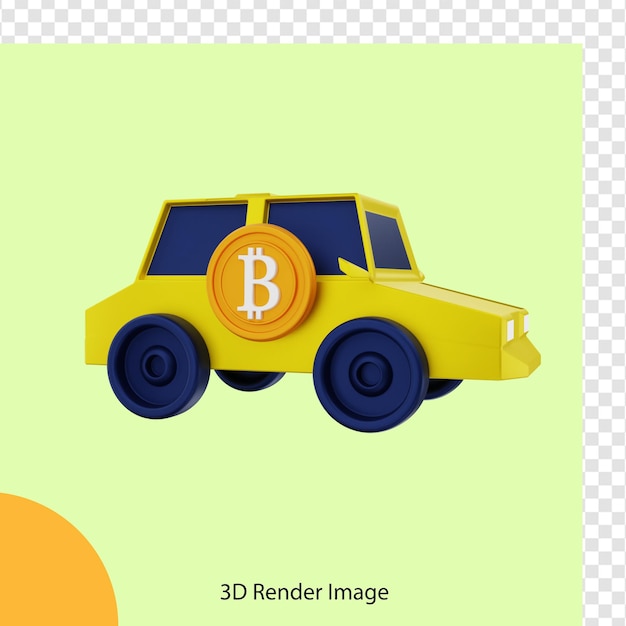3D-weergave van bitcoin cryptomunt met auto