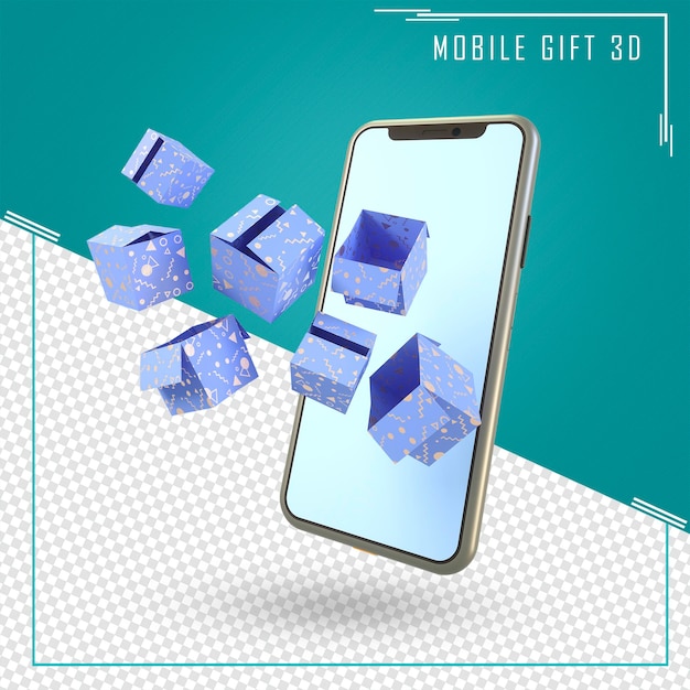 PSD 3d-weergave van blauwe mobiel met geschenken die van het scherm vliegen