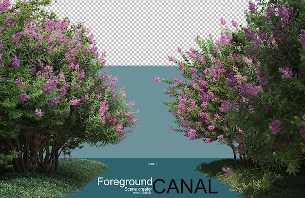 3d-weergave van bomen langs het kanaal