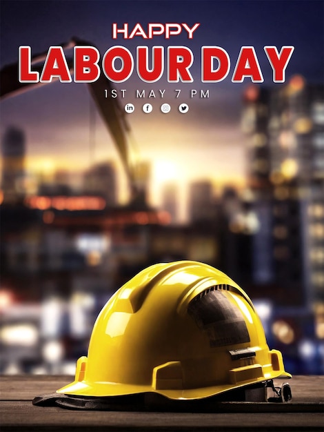 PSD 3d-weergave van bouw labor day en worker helm met een bouw achtergrond