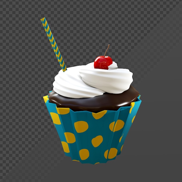 PSD 3d-weergave van cupcake met kers op bovenaanzicht