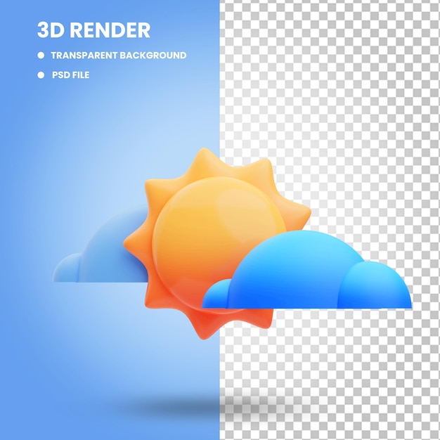 3d-weergave van de illustratie van het zonpictogram onder zomerwolken