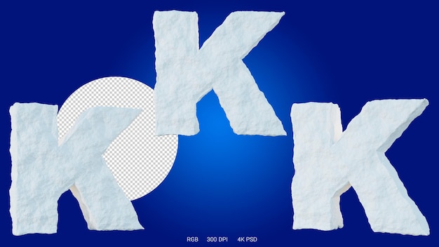 3D-weergave van de letter K in de vorm en stijl van een gletsjer, op een transparante achtergrond