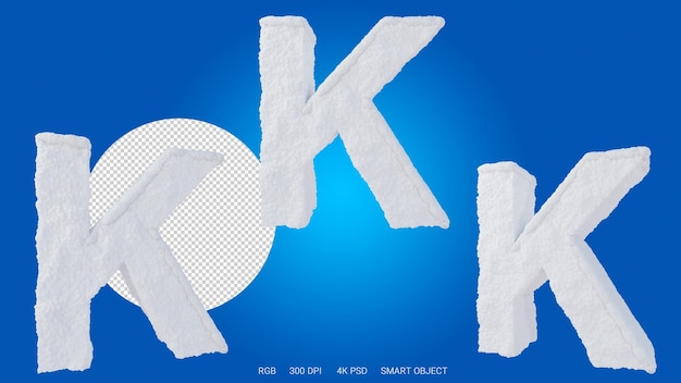 3D-weergave van de letter K in de vorm en stijl van een sneeuw op een transparante achtergrond