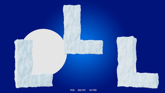 3D-weergave van de letter L in de vorm en stijl van een gletsjer, op een transparante achtergrond