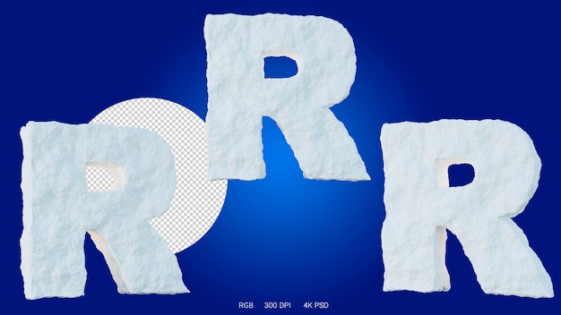 3D-weergave van de letter R in de vorm en stijl van een gletsjer, op een transparante achtergrond