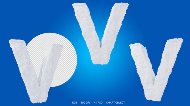 3D-weergave van de letter V in de vorm en stijl van een sneeuw op een transparante achtergrond