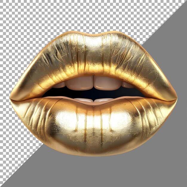 3d-weergave van de lippen van een gouden vrouw op een doorzichtige achtergrond