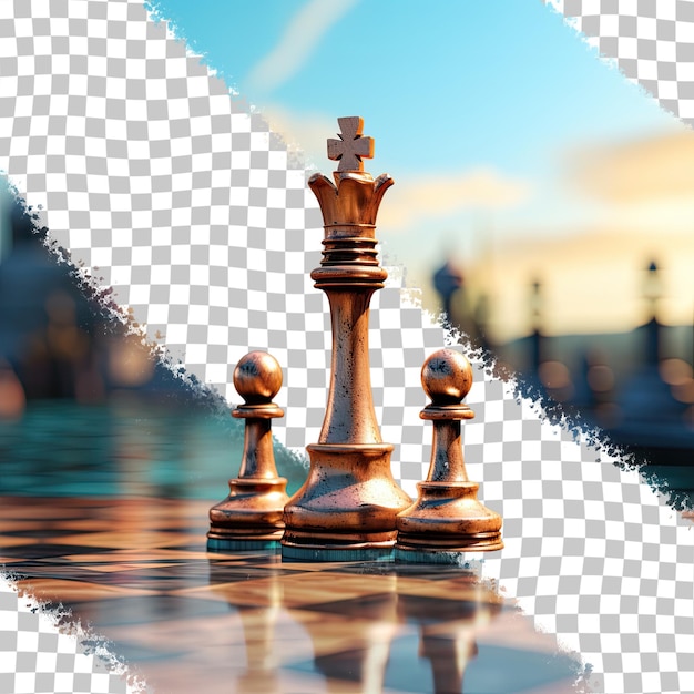 3d-weergave van de zwarte koning die wint op een doorzichtige achtergrond op een schaakbord