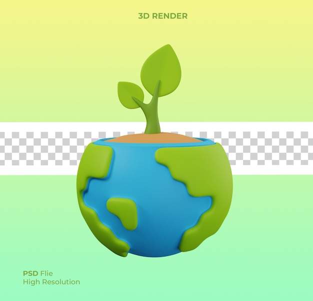 PSD 3d-weergave van earth day save world environment concept globe met zaailingen geïsoleerd