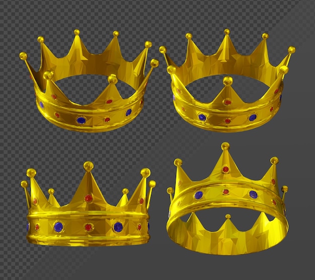 3D-weergave van een glanzende gouden koninklijke kroon met rode en blauwe juwelen vanuit perspectief