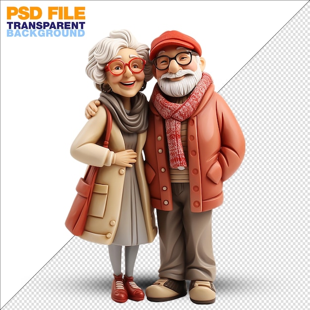 PSD 3d-weergave van een grappige cartoonfiguur van een oudere echtpaar op een doorzichtige achtergrond