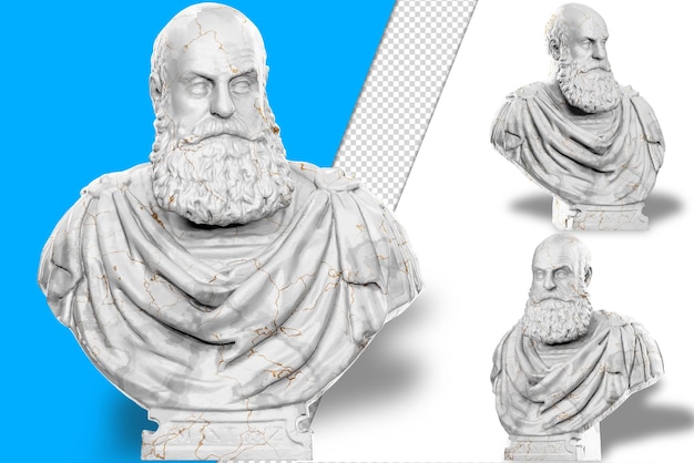 PSD 3d-weergave van een historisch bustebeeld met gouden accenten in steentextuur ideaal voor historisch ontwerp