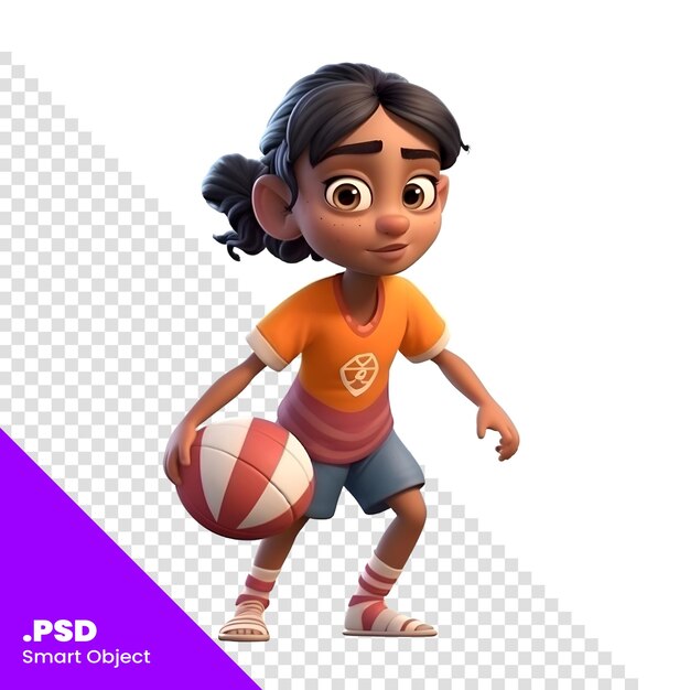 PSD 3d-weergave van een klein meisje met basketbal en volleybal psd-sjabloon