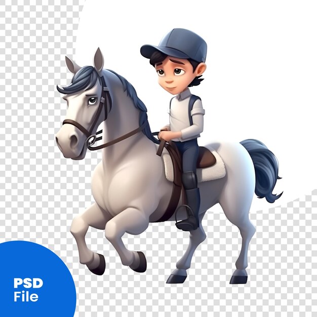 3d-weergave van een kleine jongen die een paard berijdt geïsoleerd op een witte achtergrond psd-sjabloon