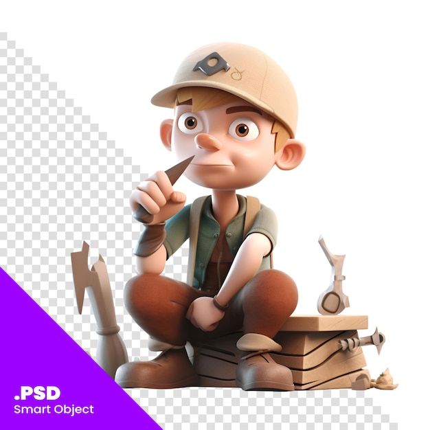 PSD 3d-weergave van een kleine jongen die op een stapel hout zit psd-sjabloon