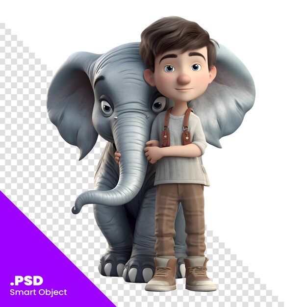 PSD 3d-weergave van een kleine jongen met een olifant geïsoleerd op een witte achtergrond psd-sjabloon