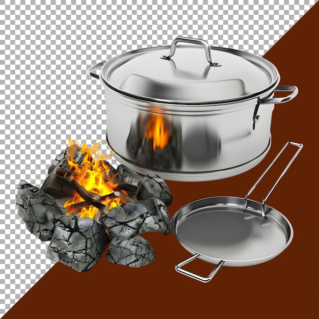 PSD 3d-weergave van een koken in een stalen schaal op vuur op een doorzichtige achtergrond