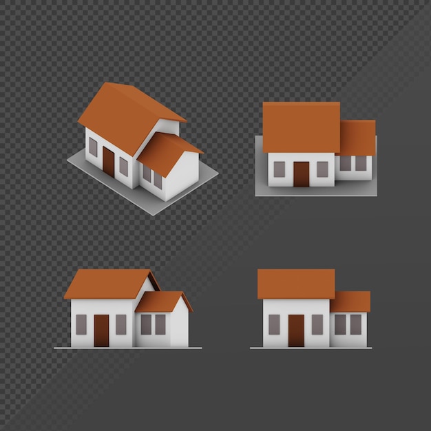 PSD 3d-weergave van een lowpoly minimalistisch huis vanuit verschillende kijkhoeken