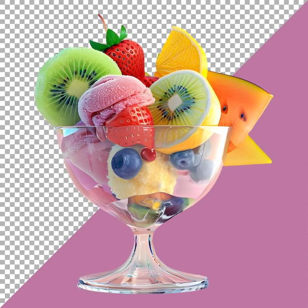 PSD 3d-weergave van een mix fruits-ijs in een kom op een doorzichtige achtergrond