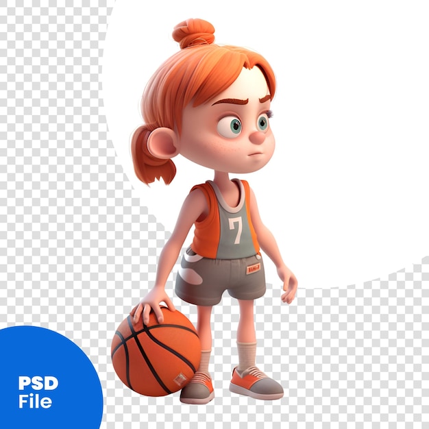 3D-weergave van een schattig cartoonmeisje met basketbal geïsoleerd op witte achtergrond PSD-sjabloon