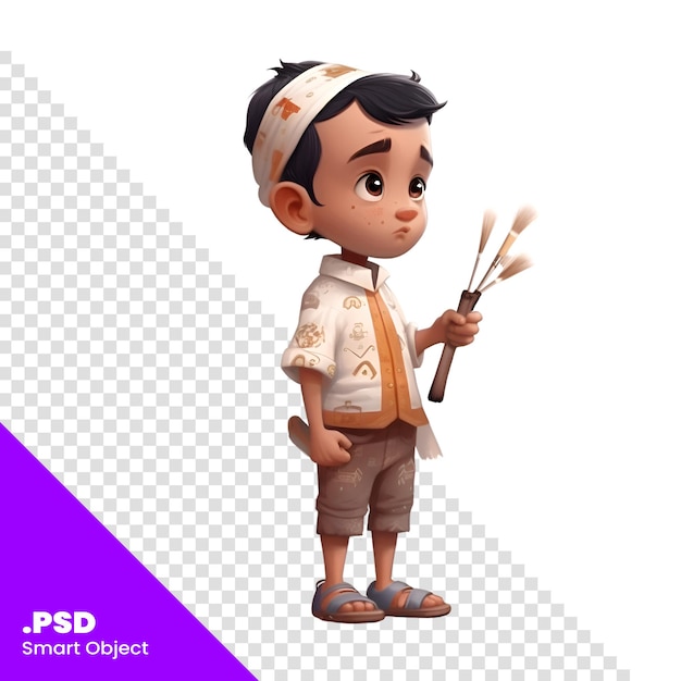 PSD 3d-weergave van een schattige indiase jongen met een paintbrush psd-sjabloon