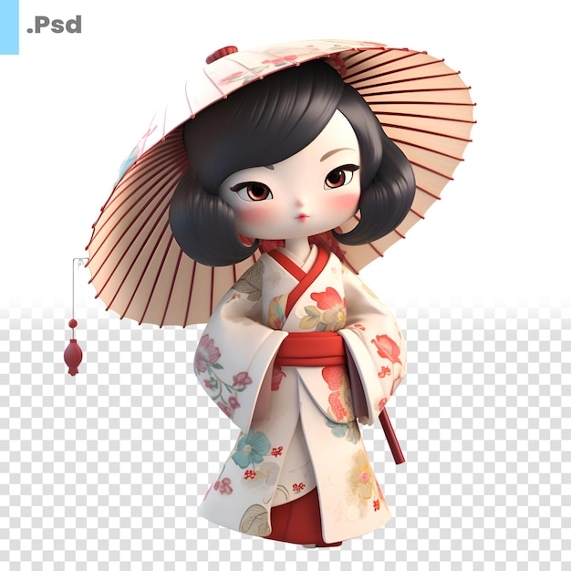 PSD 3d-weergave van een schattige japanse geisha geïsoleerd op witte achtergrond psd-sjabloon