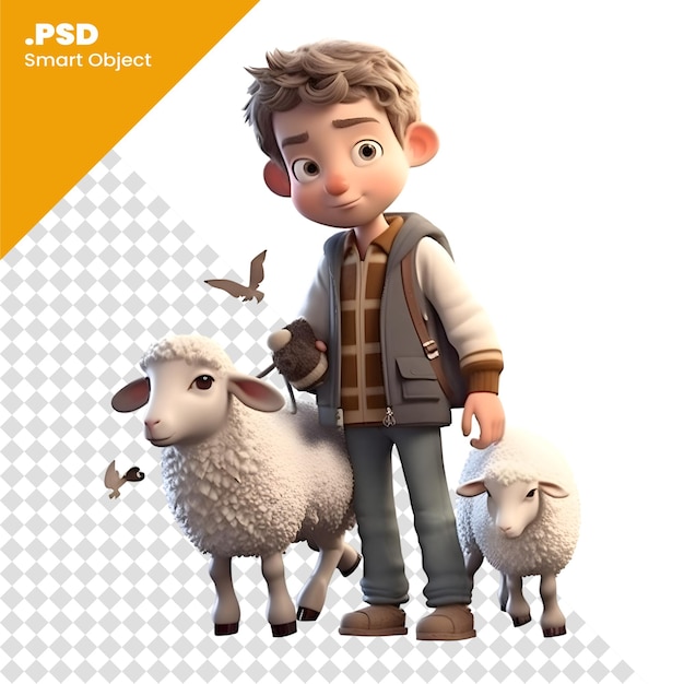 PSD 3d-weergave van een schattige kleine jongen met schapen en vogels psd-sjabloon