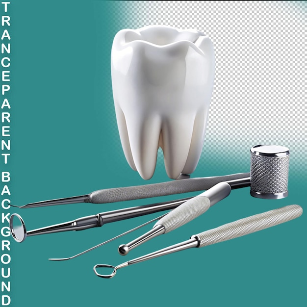 PSD 3d-weergave van een tand met een tandartspiek op een doorzichtige achtergrond