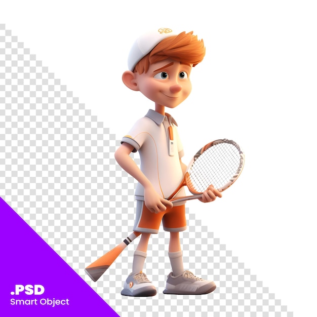 PSD 3d-weergave van een tiener met een tennisracket geïsoleerd op een witte achtergrond psd-sjabloon