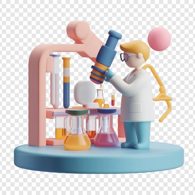 3D-weergave van een wetenschapper met behulp van een microscoop in een lab met kleurrijke bekers en testbuizen wetenschappelijk experiment onderzoeksontdekking
