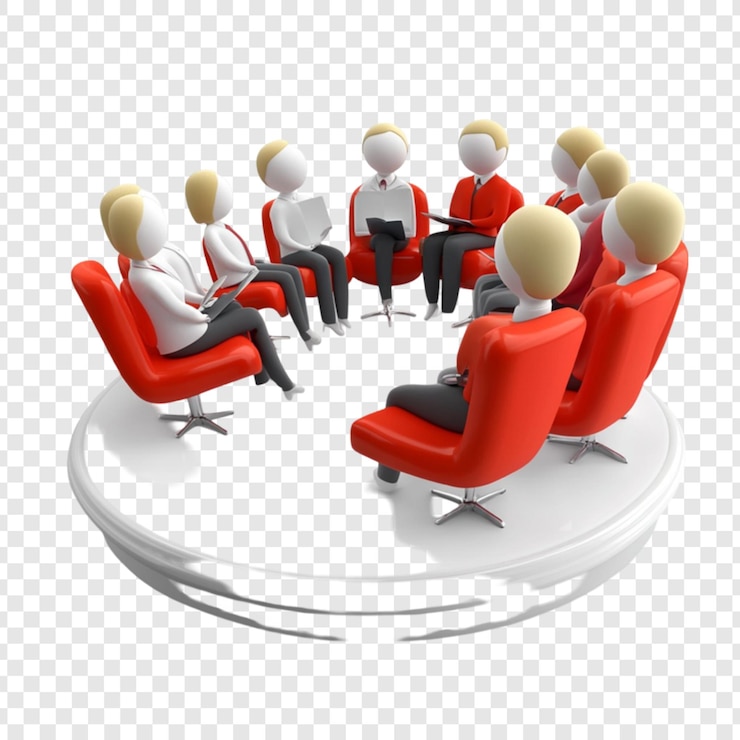 PSD 3d-weergave van een zakelijke vergadering groep mensen die in rode stoelen op een wit platform zitten en een discussie hebben teamwerk samenwerking bedrijfsbijeenkomst