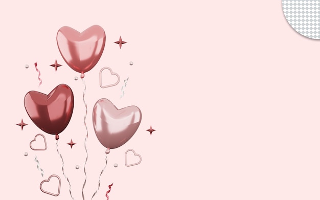 PSD 3d-weergave van gelukkige valentijn met liefdesballonnen en ornamenten