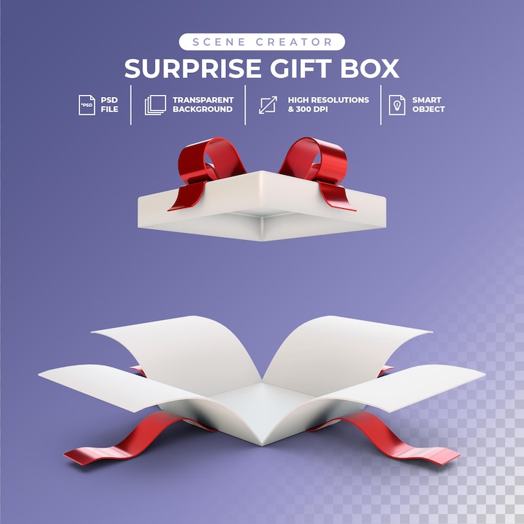 3D-weergave van geopende verrassingsgeschenkdoos PSD