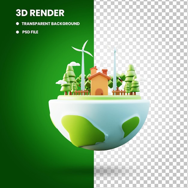 PSD 3d-weergave van globe gebouw en plant met windmolen object illustratie met earth day concept