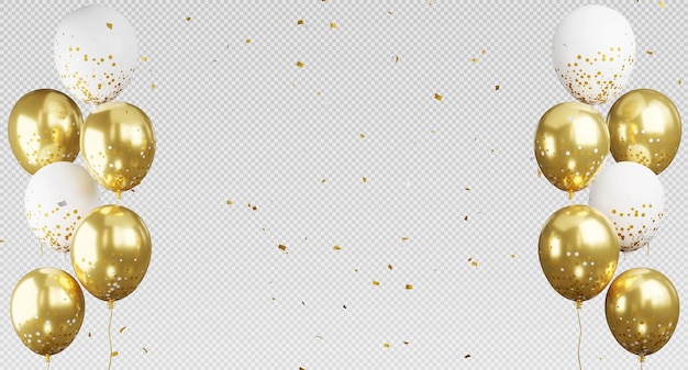 3D-weergave van gouden ballonnen die vliegen met confetti