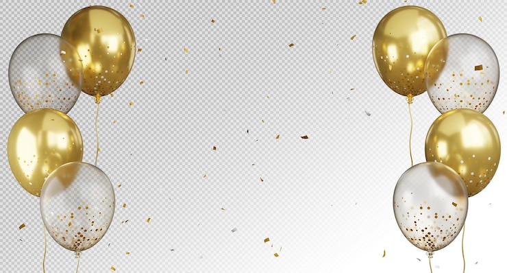 PSD 3d-weergave van gouden ballonnen die vliegen met confetti