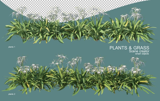 3d-weergave van gras- en struikarrangementen