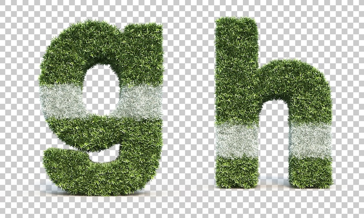 PSD 3d-weergave van gras speelveld alfabet g en alfabet h