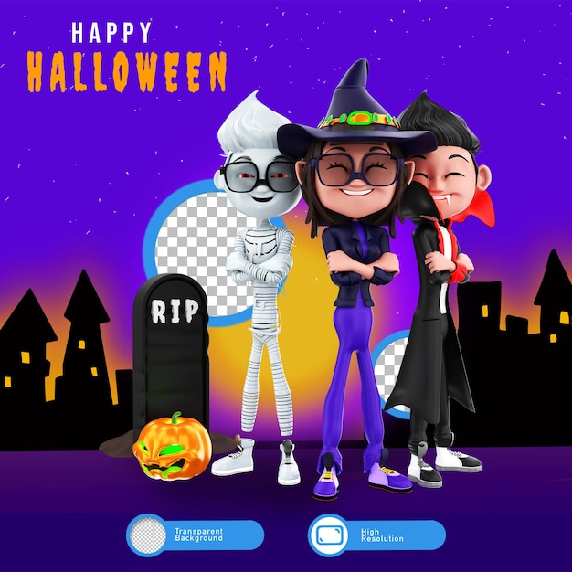 3d-weergave van halloween-personages